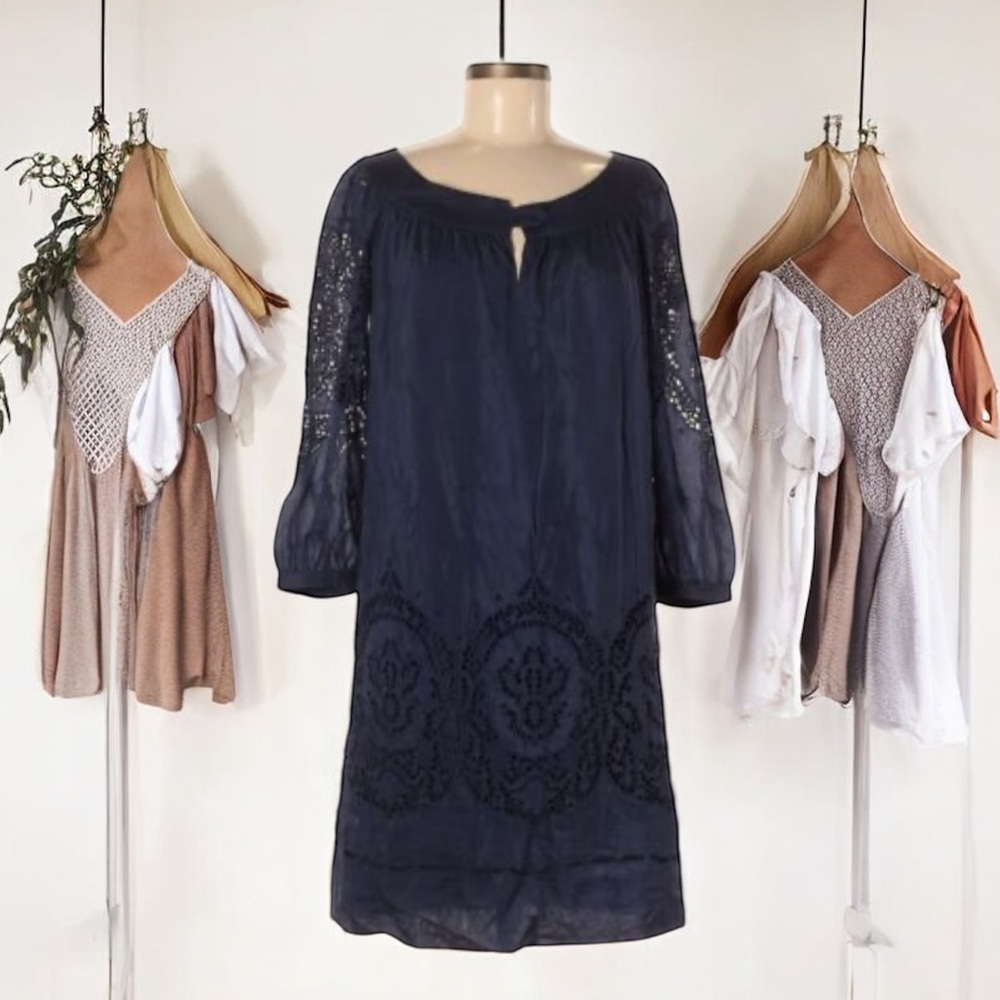 Gerard Darel Navy Blue Embroidered Long Sleeve Dress